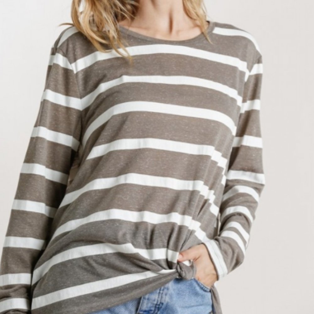 UMGEE Striped Gathered Front Long Sleeve Top